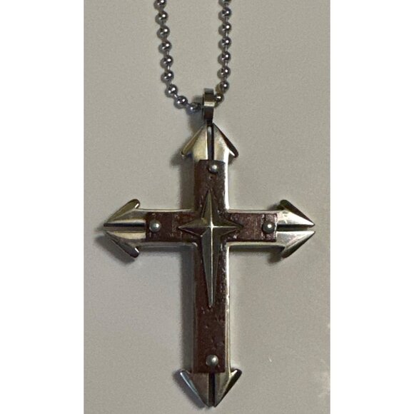 Unbranded Silver & Brown Cross Necklace w/Chain Stainless Steel 17" Height - Picture 5 of 9